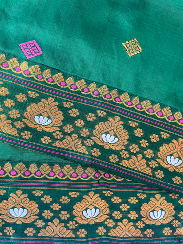 Assam Pat Mulberry Silk Saree | Green | Gold Zari | Handwoven | Silk Mark Certified | Ships from California